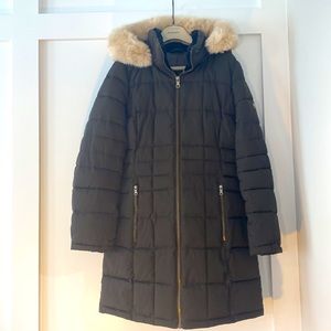 Calvin Klein quilted puffer coat w/removable faux fur hood | olive green | large